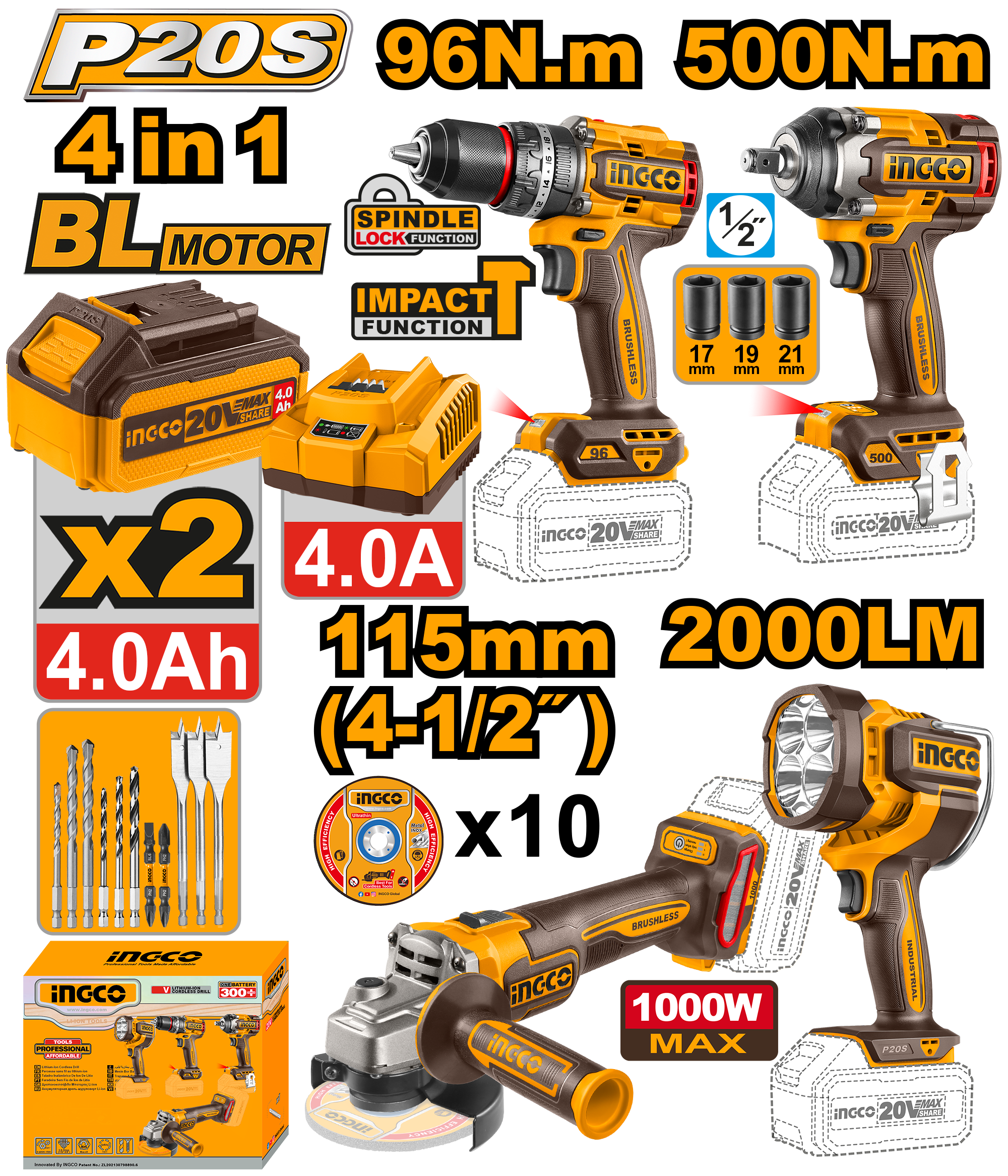 INGCO 20V CORDLESS COMBO 4PCS KIT