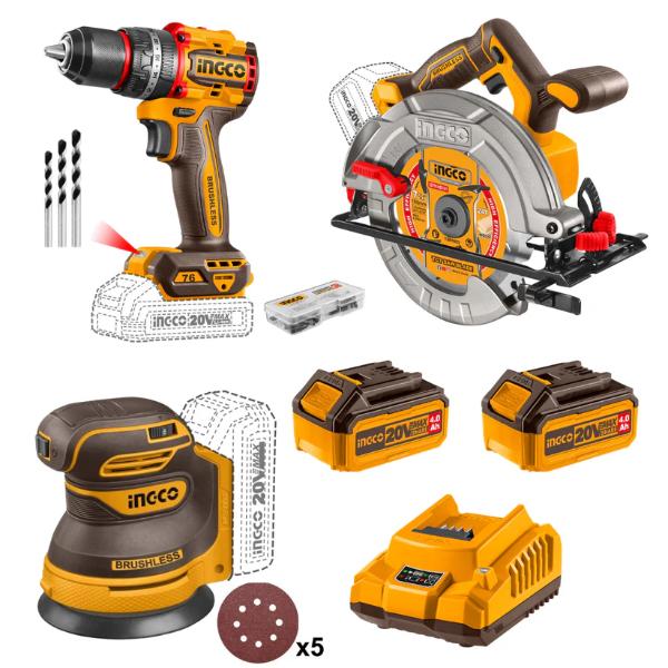 INGCO COMBO 20V CIRCULAR SAW,IMPACT DRILL, SANDER