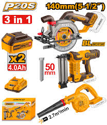 INGCO 3Pc C/L NAILER/BLOWER/CIR SAW 140mm4AMP+CHARGER