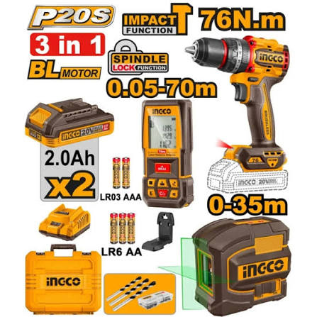 INGCO 3Pc Combo Kit, Impact Drill + Laser Distance Measure + Self-Levelling Line Laser